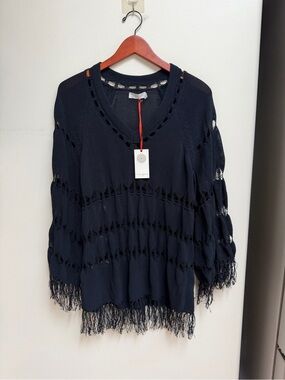 NWT Ramy Brook Bobbi Pancho Black Open Knit Fringe Sweater